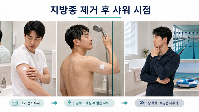 지방종제거 후 샤워 가능 시점과 관리 방법을 설명하는 도식