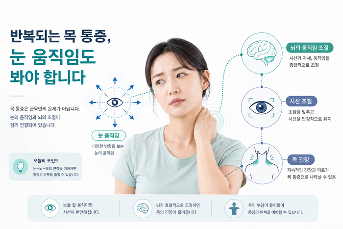 목 통증과 눈의 움직임, 시선 조절의 중요성을 설명하는 그림