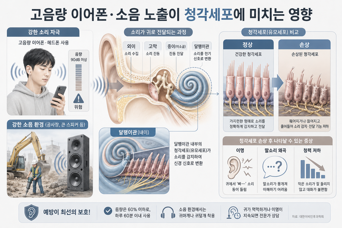 이어폰 사용과 소음성 난청의 연관성을 보여주는 이미지