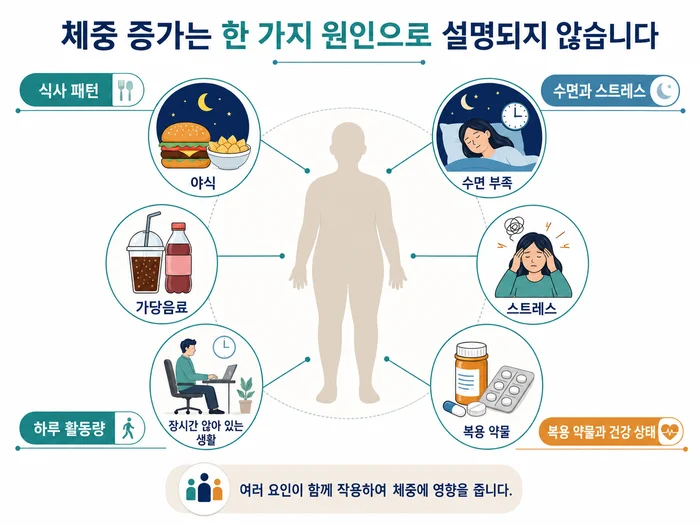 체중 증가에 영향을 주는 다양한 요인 도식