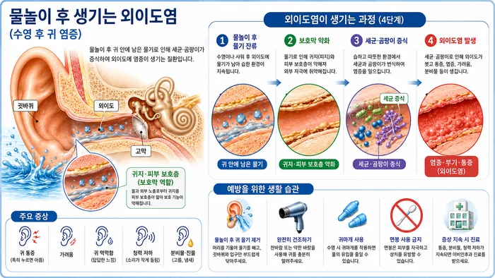 외이도에 염증이 생기는 과정을 보여주는 그림