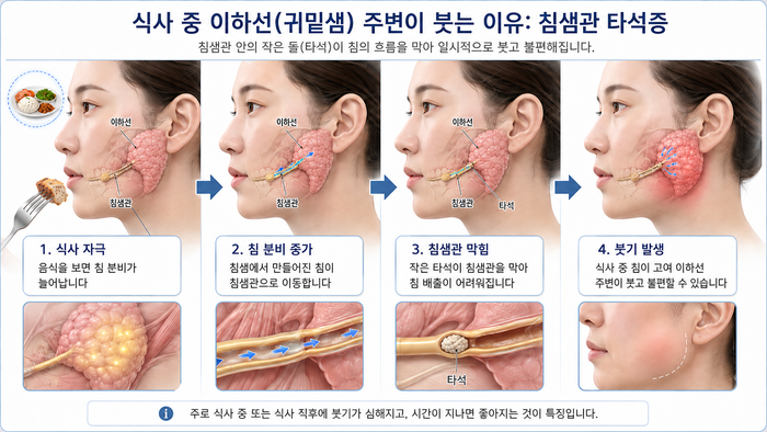 식사 시 붓기와 통증이 심해지는 침샘 타석증의 원리 그림