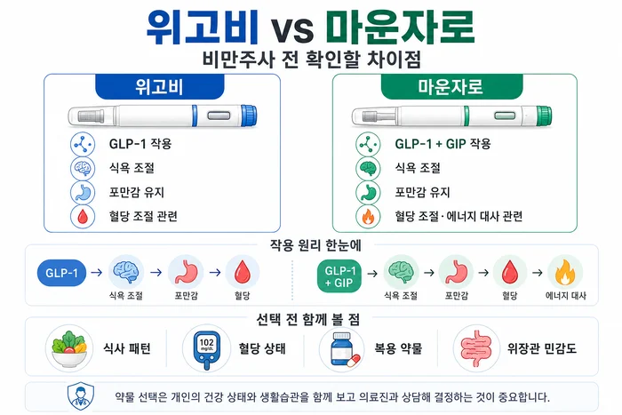 위고비와 마운자로 비만주사 차이를 설명하는 인포그래픽