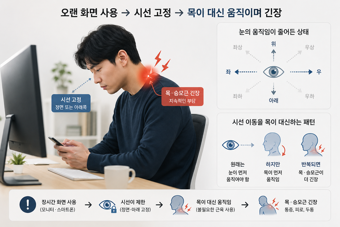 모니터와 스마트폰 사용 시 시선 고정과 목 긴장 관계를 보여주는 그림