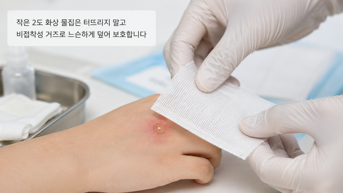 2도 화상과 물집 관리 방법을 안내하는 그림