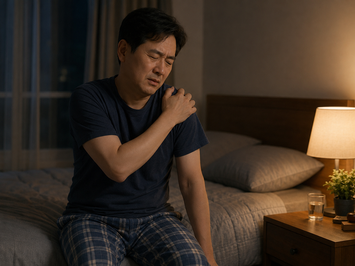 야간통을 유발하는 어깨 석회성건염의 통증 위치를 보여주는 그림