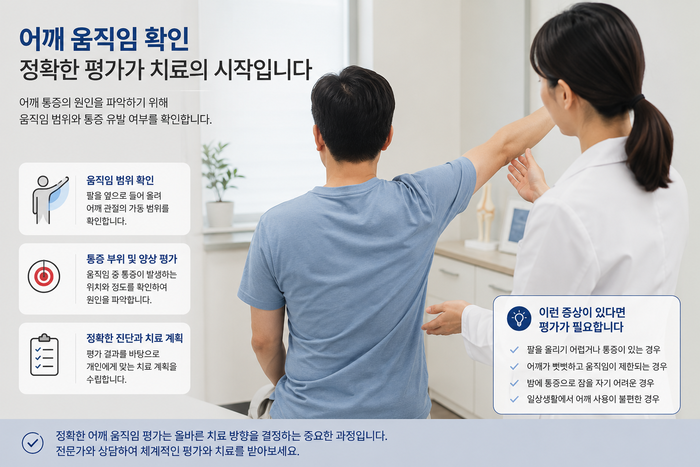 어깨 관절의 움직임 범위를 확인하는 검사 장면