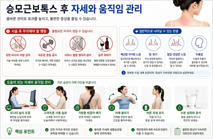 승모근보톡스 시술 후 자세와 움직임 관리 방법을 안내하는 그림