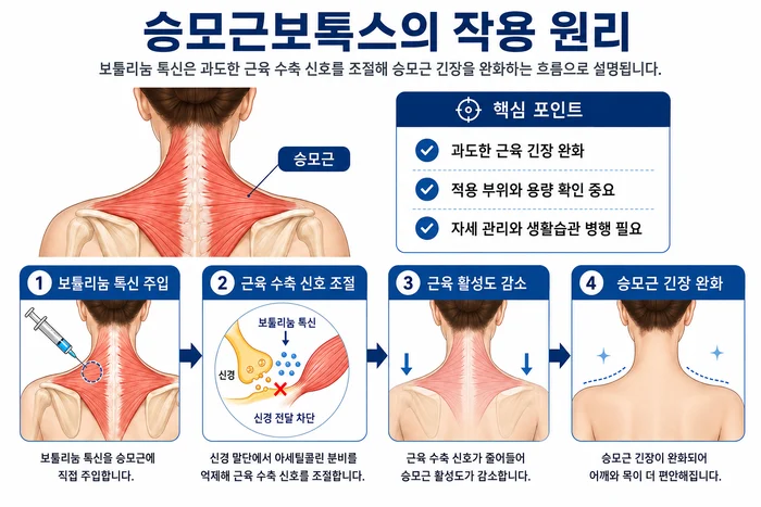 승모근보톡스의 근육 신호 조절 원리를 설명하는 그림