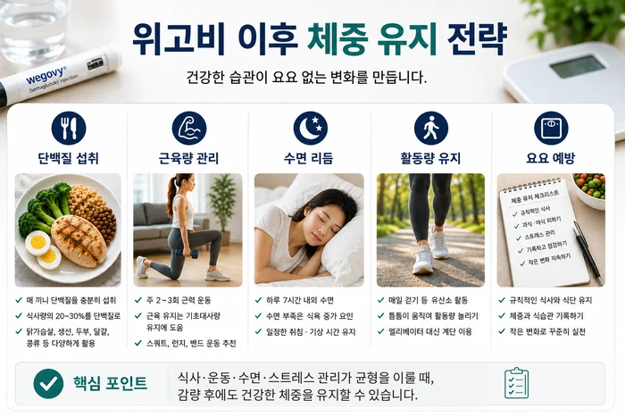 위고비 사용 후 체중 유지와 생활습관 관리 인포그래픽