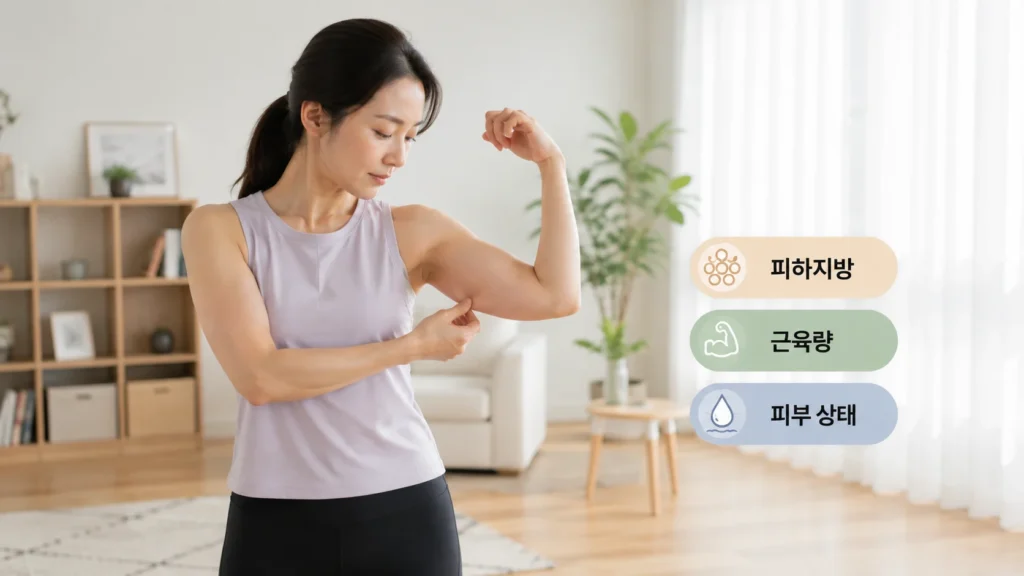 팔뚝 군살은 지방, 근육량, 피부 상태, 체형의 영향을 받을 수 있습니다.