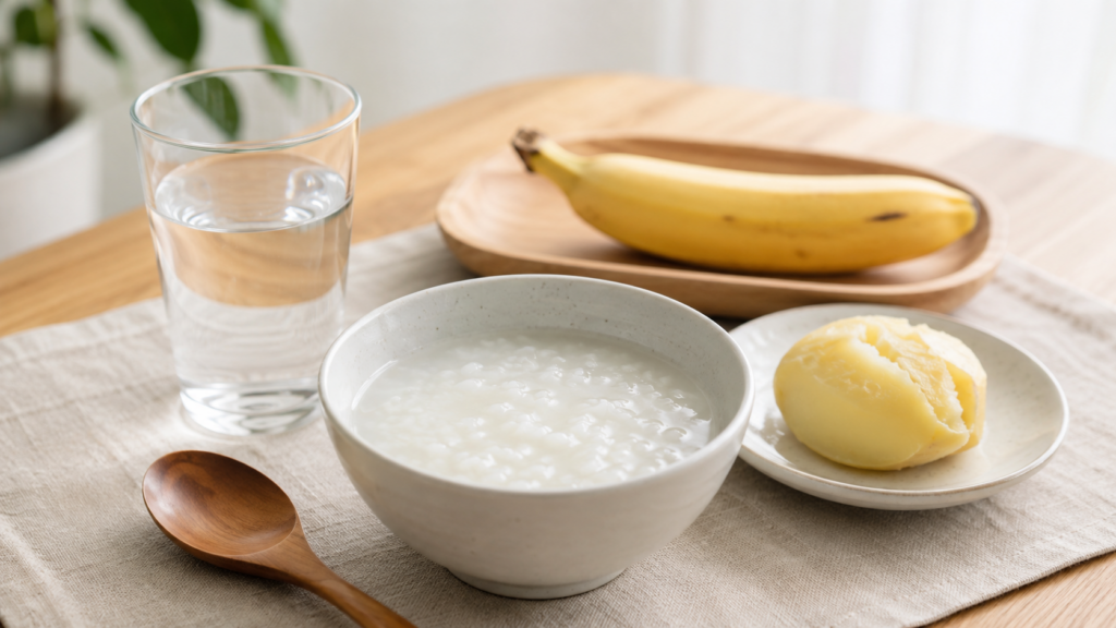 Gastroenteritis-recovery-diet-with-rice-porridge-banana-potato-and-water