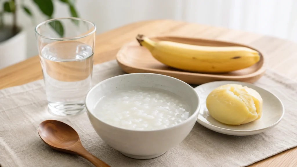 Gastroenteritis-recovery-diet-with-rice-porridge-banana-potato-and-water
