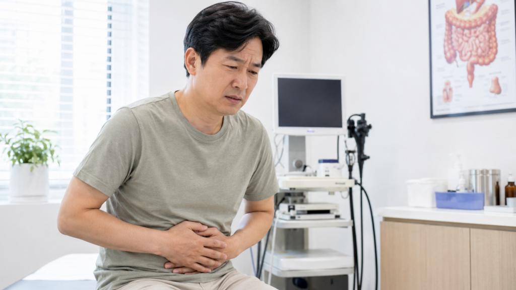 Korean-adult-with-recurring-abdominal-pain-in-gastroenterology-clinic