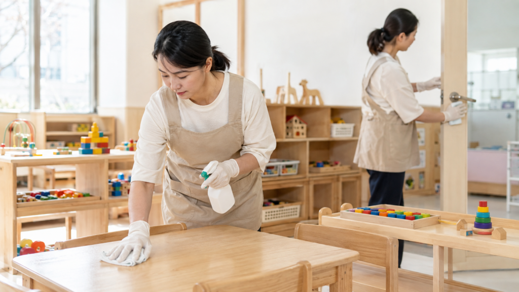 Korean-daycare-teacher-disinfecting-classroom-surfaces
