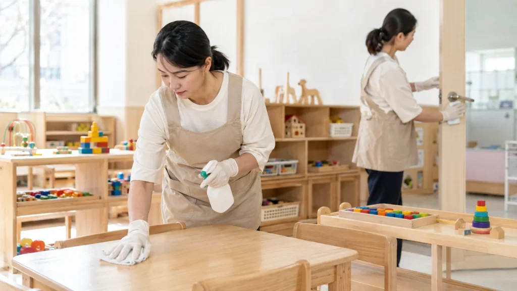 Korean-daycare-teacher-disinfecting-classroom-surfaces
