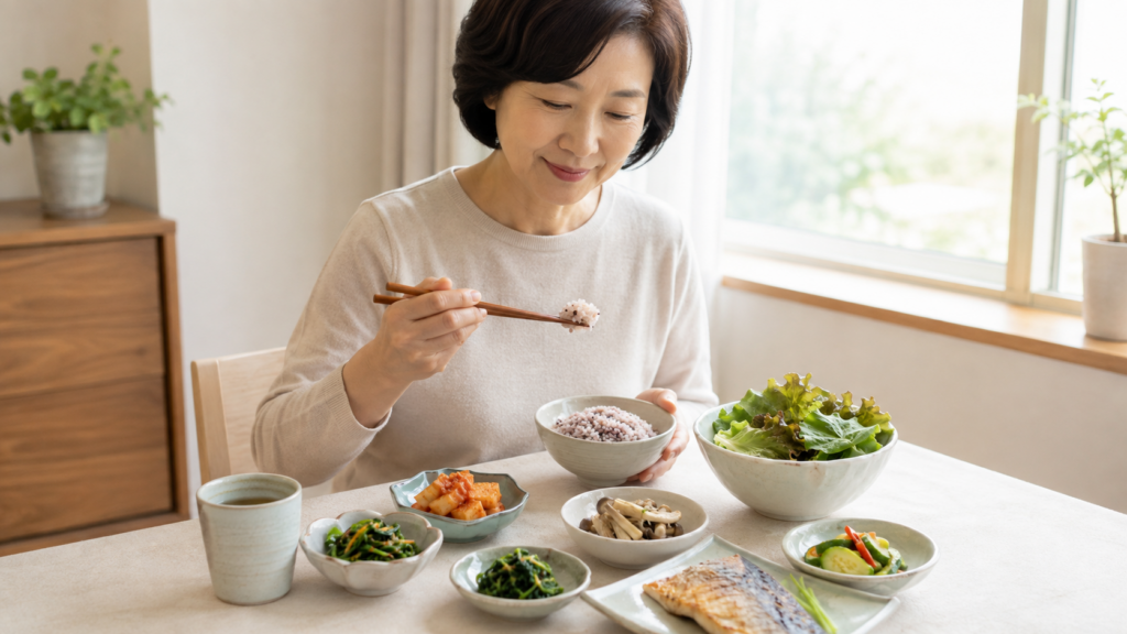 Korean-woman-eating-healthy-balanced-meal