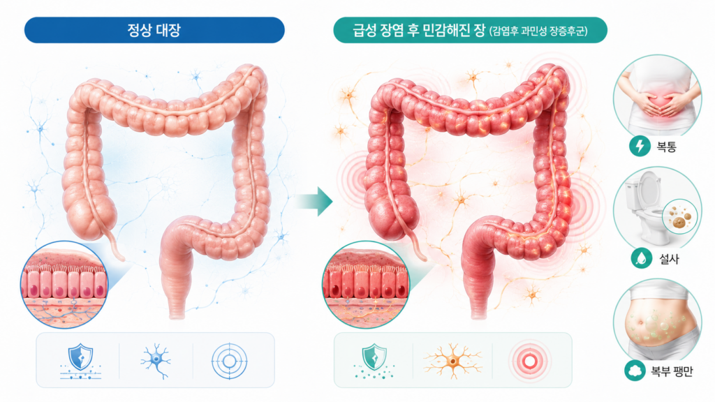 Post-infectious-IBS-infographic-with-normal-colon-sensitive-colon-abdominal-pain-diarrhea-and-bloating