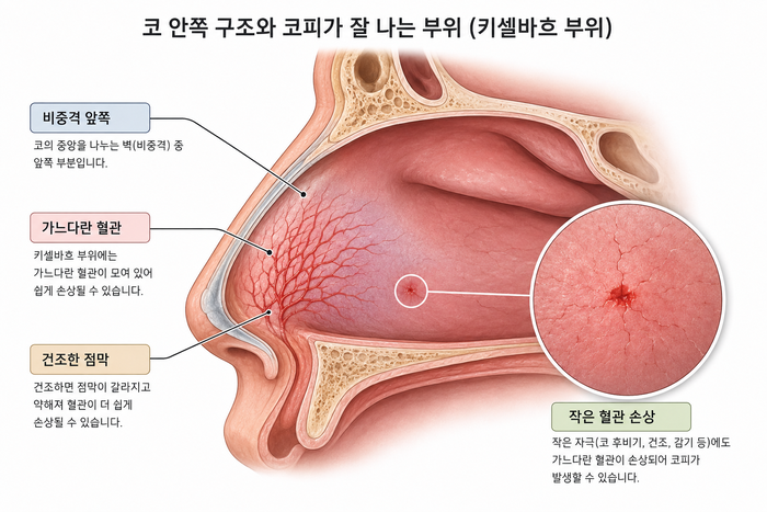 코 앞쪽 점막의 혈관 분포와 출혈이 잘 생기는 부위를 나타낸 그림
