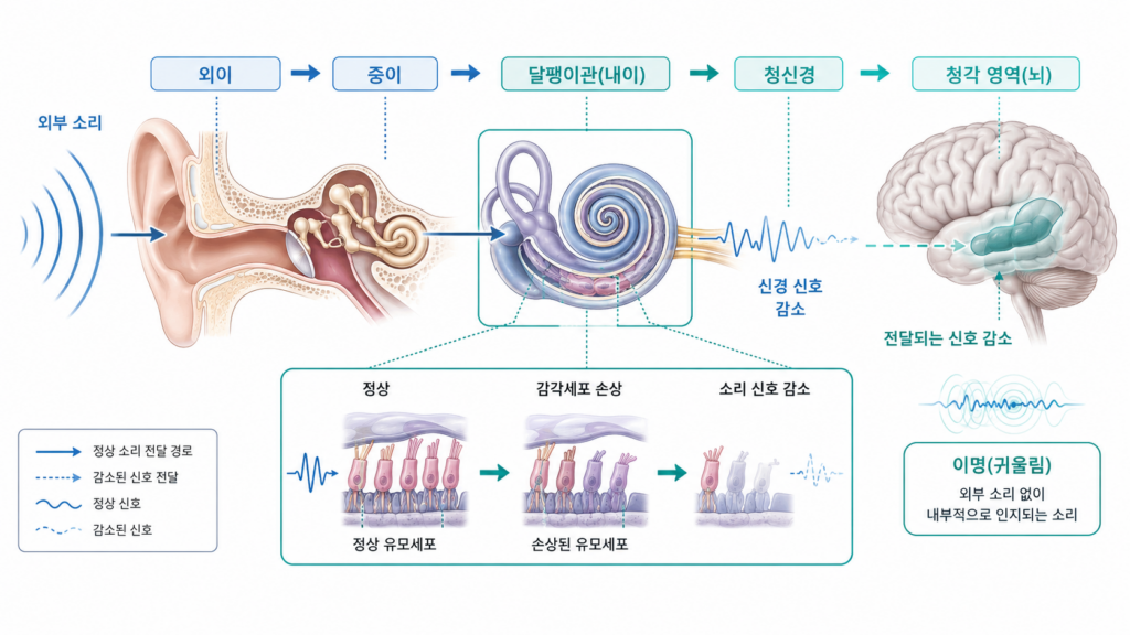 청력이 저하되면 뇌로 전달되는 소리 정보가 줄어들어 귀울림이 더 또렷하게 느껴질 수 있음을 설명하는 그림