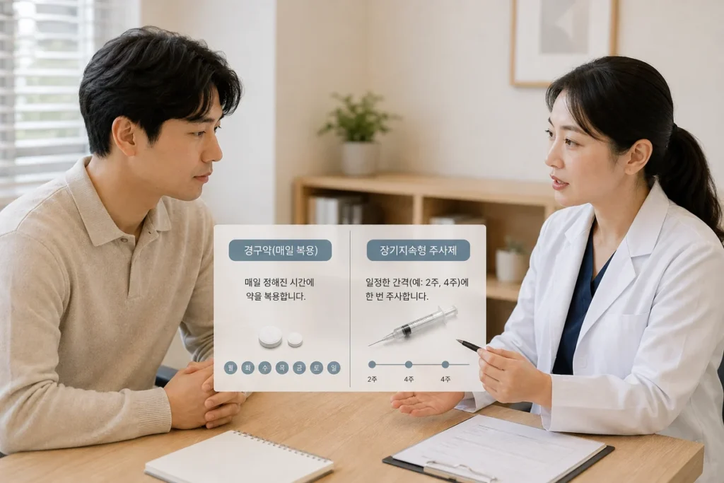 장기지속형 주사제 상담 장면을 묘사한 이미지