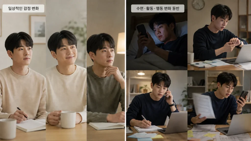 양극성 장애와 감정 기복의 변화 흐름을 비교하는 도식 이미지