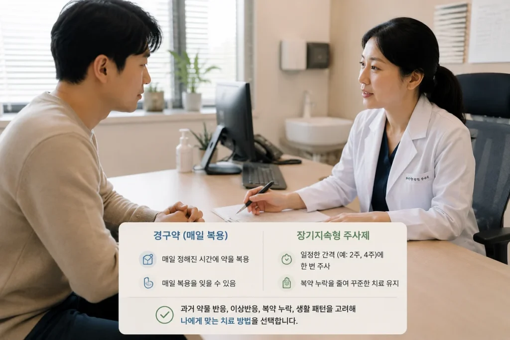 장기지속형 주사제 선택 시 고려해야 할 요소를 나타내는 그림