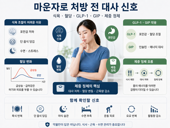 마운자로 처방 전 대사 신호와 체중 관리 흐름을 설명하는 그림