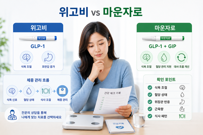 위고비와 마운자로 등 다이어트치료 약물 비교를 설명하는 그림