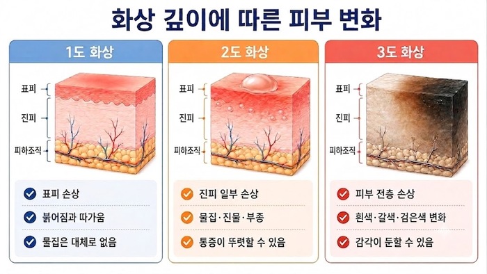 1도, 2도, 3도 화상의 피부 손상 깊이를 비교한 인포그래픽