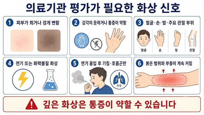 화상 응급의료기관 방문이 필요한 신호를 정리한 안내 이미지