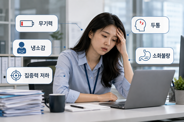 번아웃 신호와 증상 체크리스트를 나타내는 그림