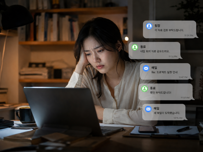 디지털 연결이 번아웃 회복을 방해하는 상황을 묘사한 그림
