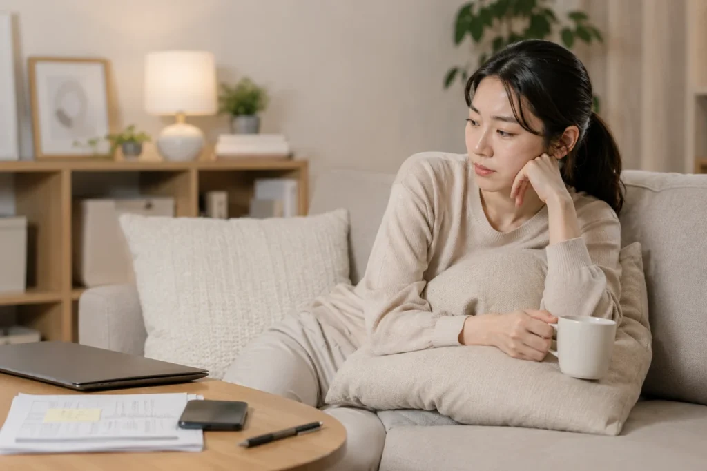 쉬는 시간에도 업무 압박을 느끼는 번아웃 상황을 표현한 이미지