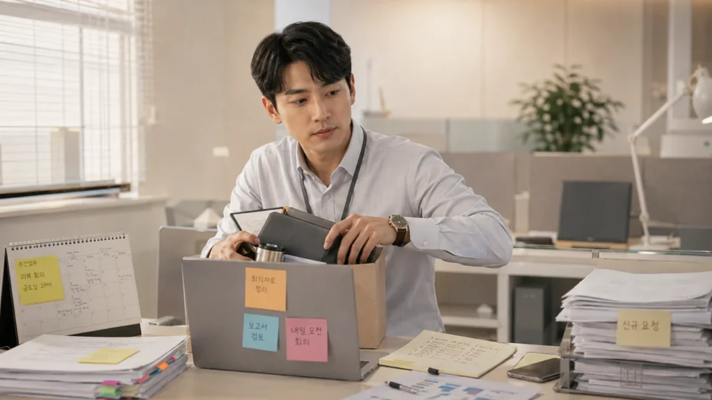 끝나지 않는 업무로 인해 번아웃 회복이 어려운 상황을 묘사한 그림