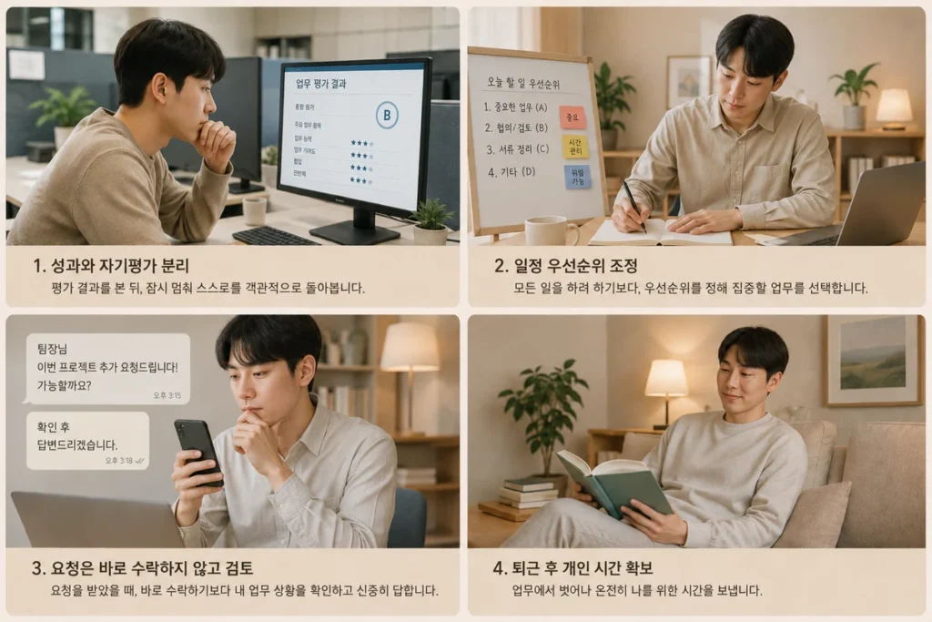 업무 결과와 자기평가의 경계가 흐려진 번아웃 상황을 나타낸 그림