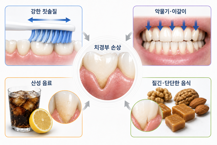 치경부 손상의 다양한 원인을 설명하는 도식 이미지