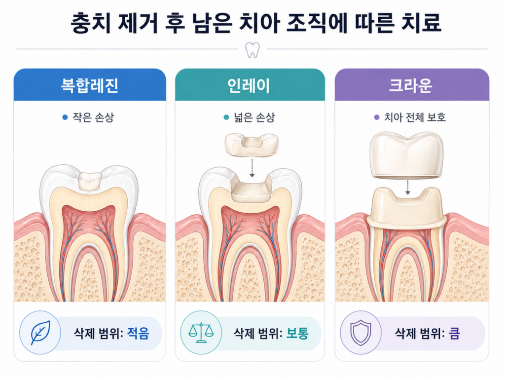 충치 손상 범위에 따른 인레이, 크라운 등 치료 옵션을 보여주는 그림