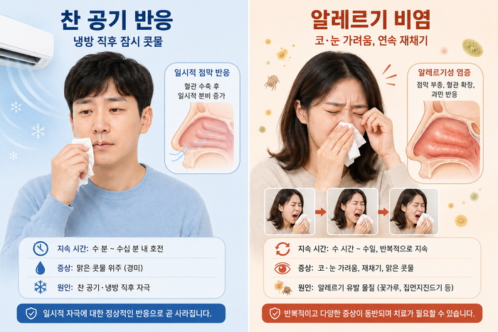 찬 공기 자극과 알레르기 비염의 차이를 비교하는 이미지