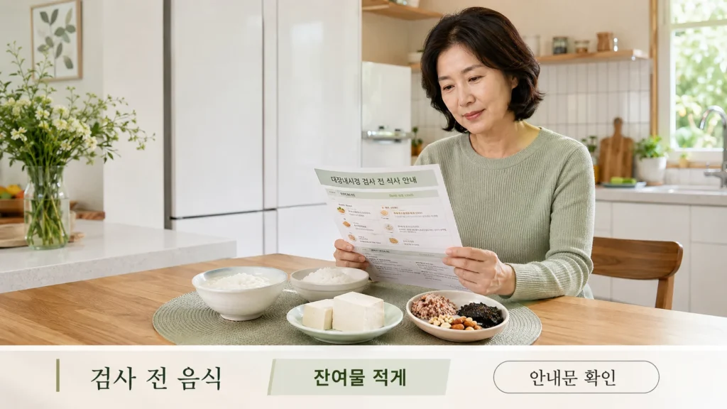 대장내시경 전 음식 조절과 장정결제 복용법을 안내하는 그림