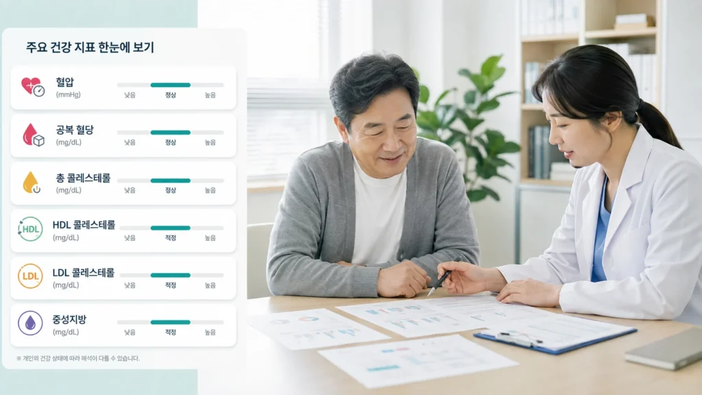 공복혈당, 혈압, 콜레스테롤 등 주요 수치 비교 예시 이미지