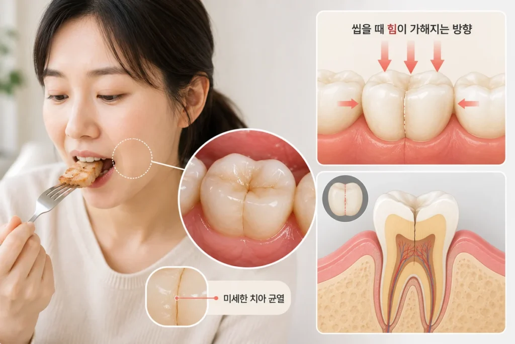 씹을 때 치아 통증과 치아 균열의 관계를 보여주는 이미지