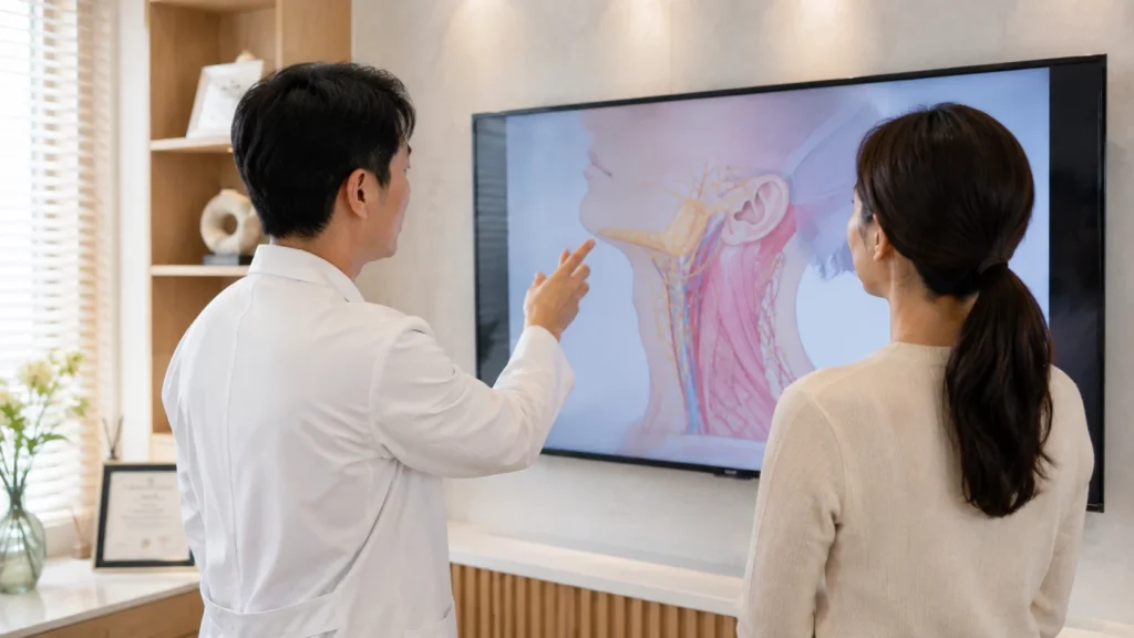 DCA주사 시술 전 안전 상담 장면을 묘사한 이미지