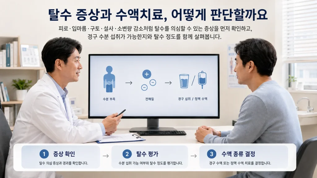 탈수 증상과 수액치료 필요 여부를 설명하는 인포그래픽