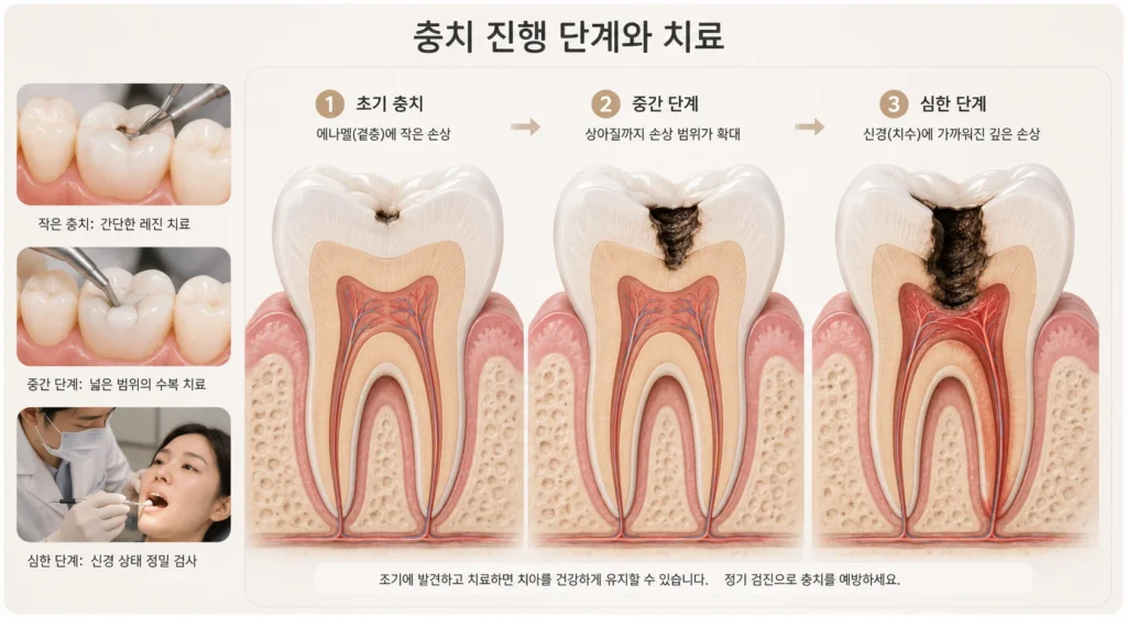 충치 치료의 손상 범위와 치료 방법을 보여주는 그림