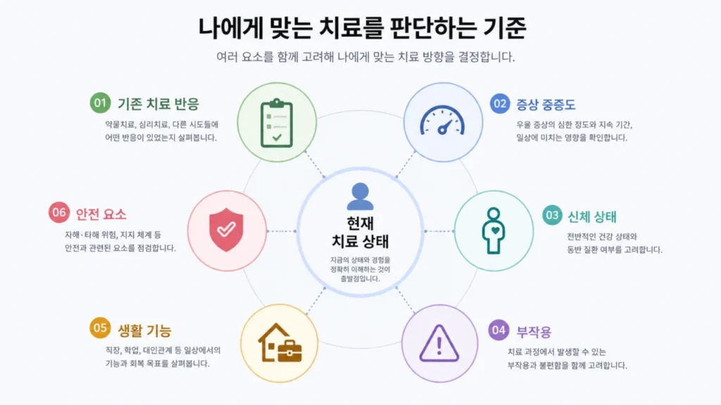 난치성 우울증 치료 선택에 영향을 주는 요인들을 정리한 다이어그램