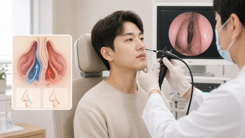 비중격만곡증 검사에서 코 안 구조와 점막 상태를 확인하는 장면