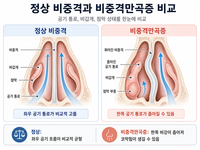 비중격이 한쪽으로 휘어져 코막힘이 심해질 수 있음을 설명하는 그림