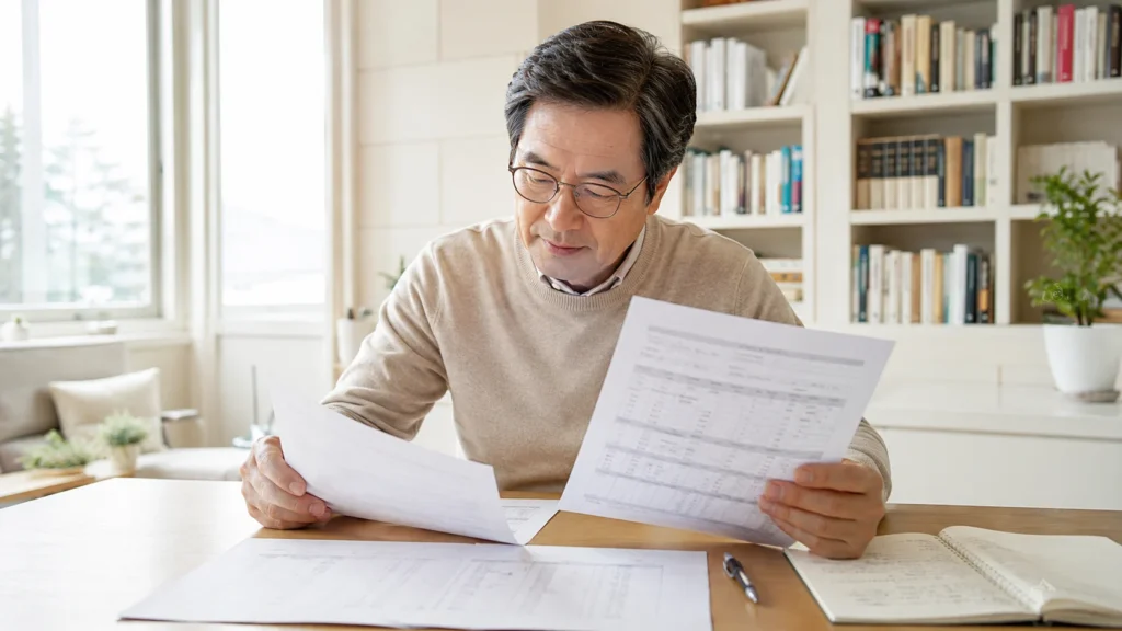 혈당 기록을 확인하며 당뇨병 관리를 하는 모습