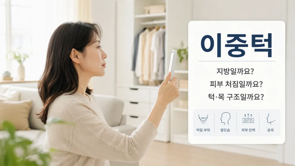 이중턱의 원인과 턱밑 지방, 피부 탄력, 구조적 요인을 설명하는 인포그래픽